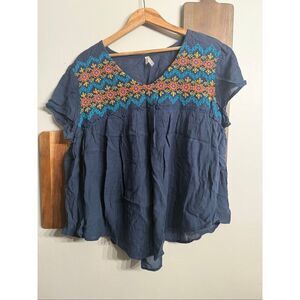 Roper Navy Blue Embroidered Floral Eyelet Short Sleeve Peasant Blouse Size Large